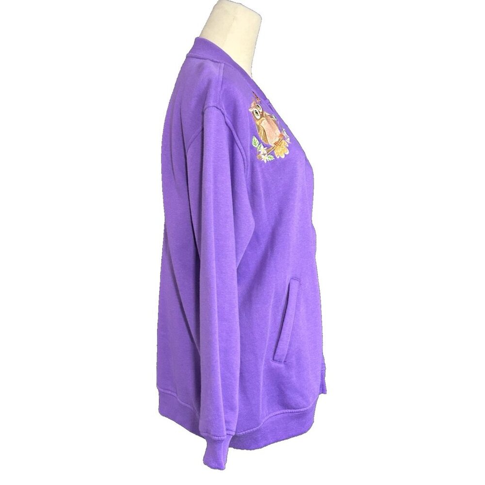 Vintage Tudor Court Women Large Fleece Jacket Embroidered Owls Purple Pockets - Picture 10 of 13